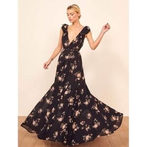 Reformation Peppermint Dress‎ Clarice Floral Black Maxi Ruffle Sleeves Small NWT